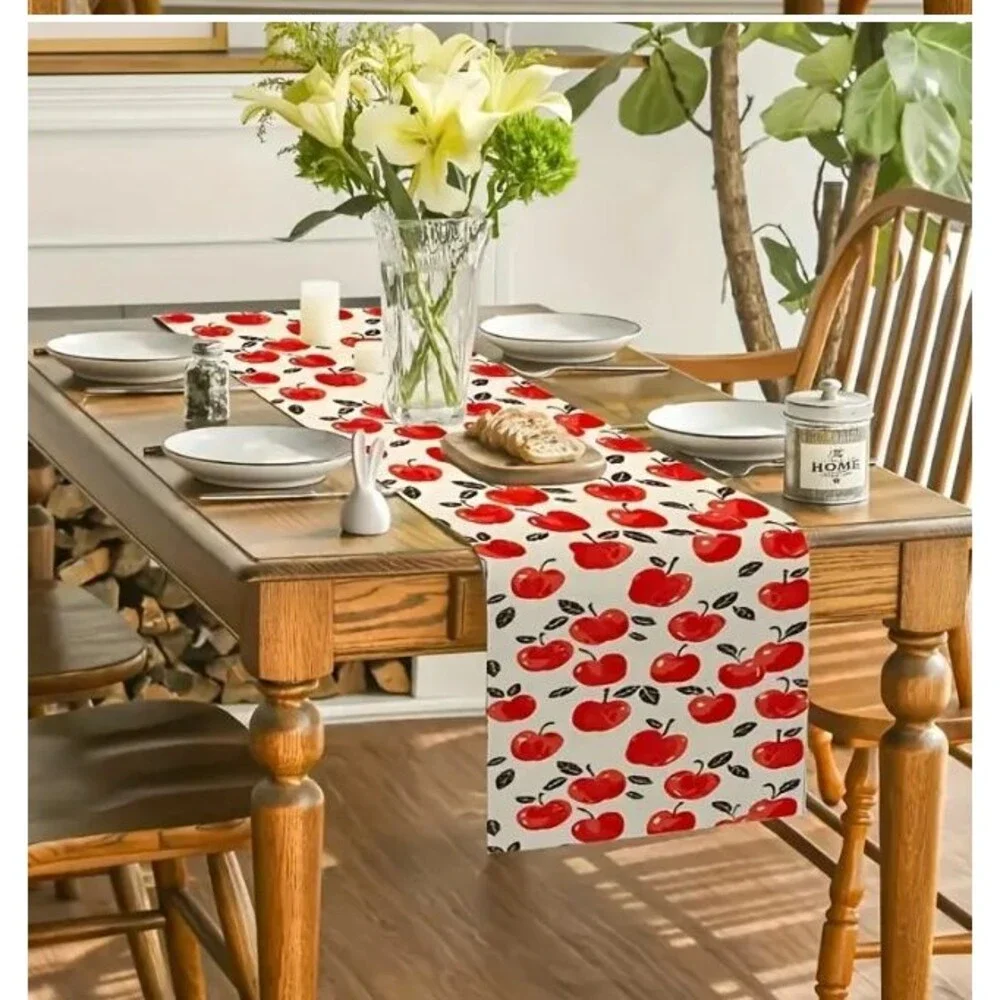 Table runner 13x72in Woven Polyester Apples Off White, red and black